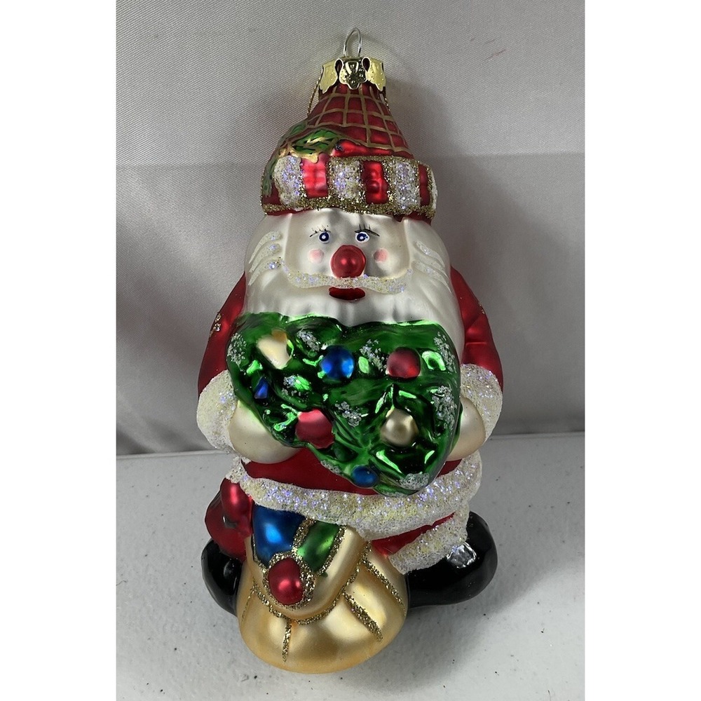 Christmas Glass Ornament Santa With Christmas Tree And Bag Of Toys